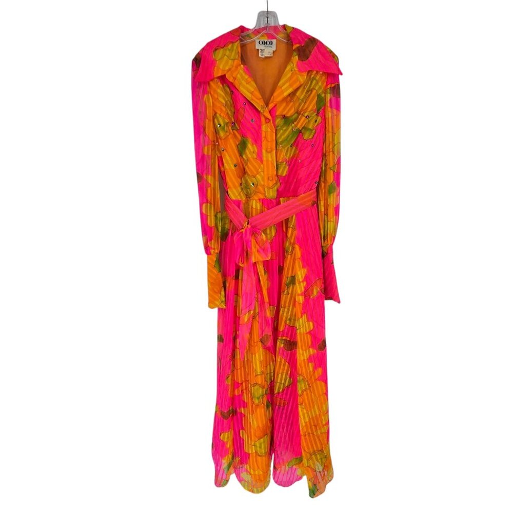 Coco California Vintage 70s bright pink orange floral long sleeve maxi dress